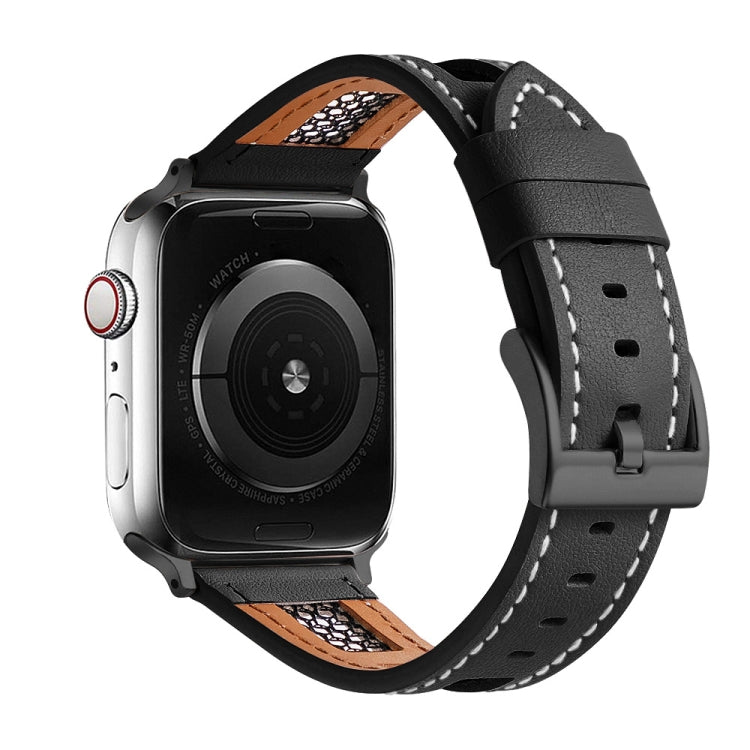 Black leather Apple Watch band with mesh panels, white stitching and dark buckle