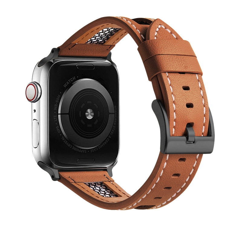Light brown mesh calfskin leather watch band with white stitching and dark buckle