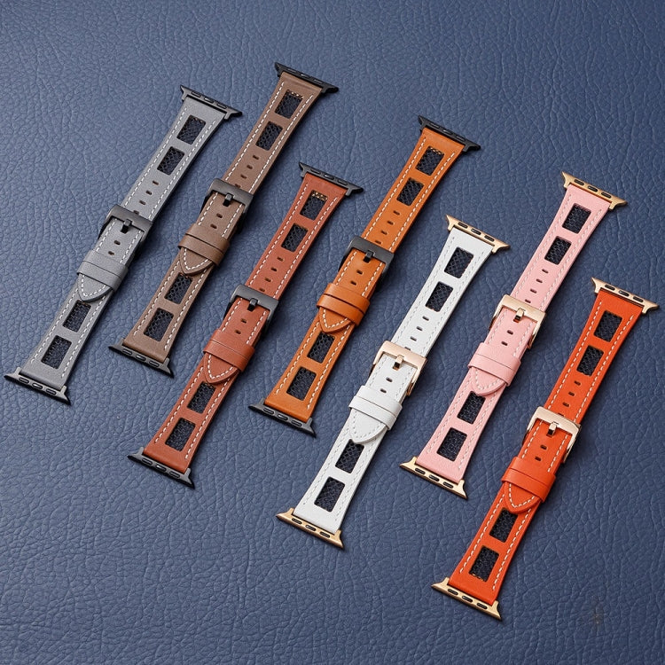 Eight mesh leather watch bands in gray, brown, orange, white, and pink with metal connectors