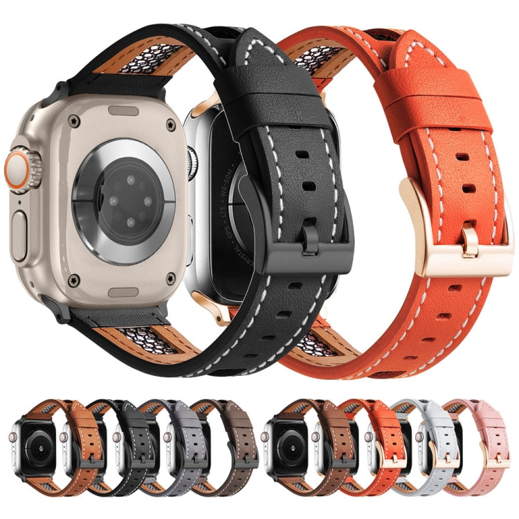 Black and bright orange mesh leather watch bands with stitching, shown on smartwatches