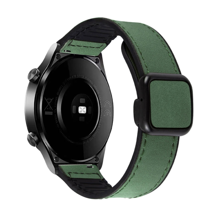 Green watch band with stitched edges and a fold-over magnetic buckle
