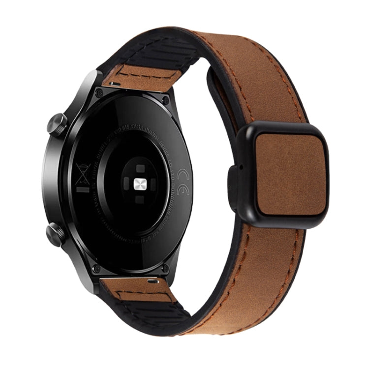Dark brown watch band with stitched edges and a fold-over magnetic buckle