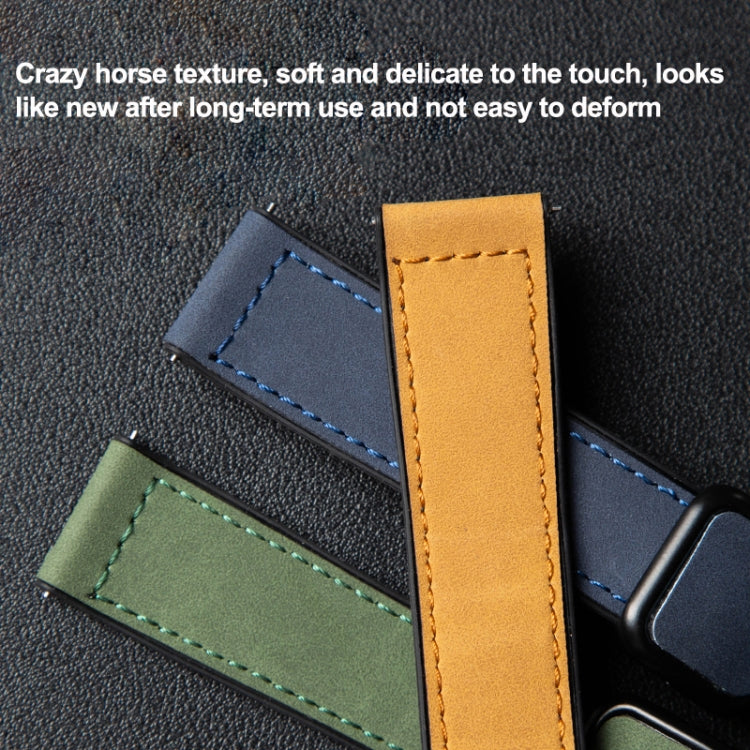 Textured watch band sections in blue, tan, and green with stitched edges