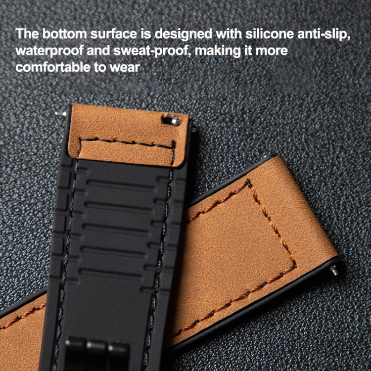 Brown textured watch band showing its black silicone underside