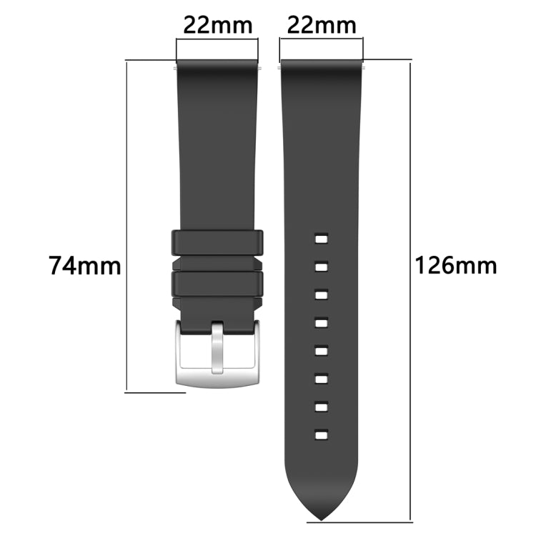 Black fluororubber watch band with 22 mm width and 74 mm and 126 mm strap sections