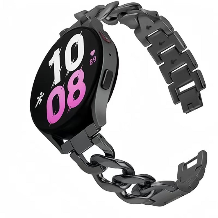 Black metal watch band with interlocking chain links, shown attached to a round smartwatch.