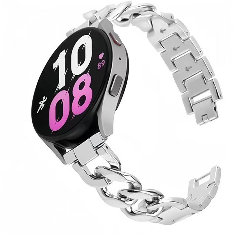 Silver metal watch band with interlocking chain links, attached to a round smartwatch.