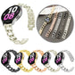 Metal chain watch band shown on a smartwatch in five colors: black, gold, rose gold, pale gold, and silver.