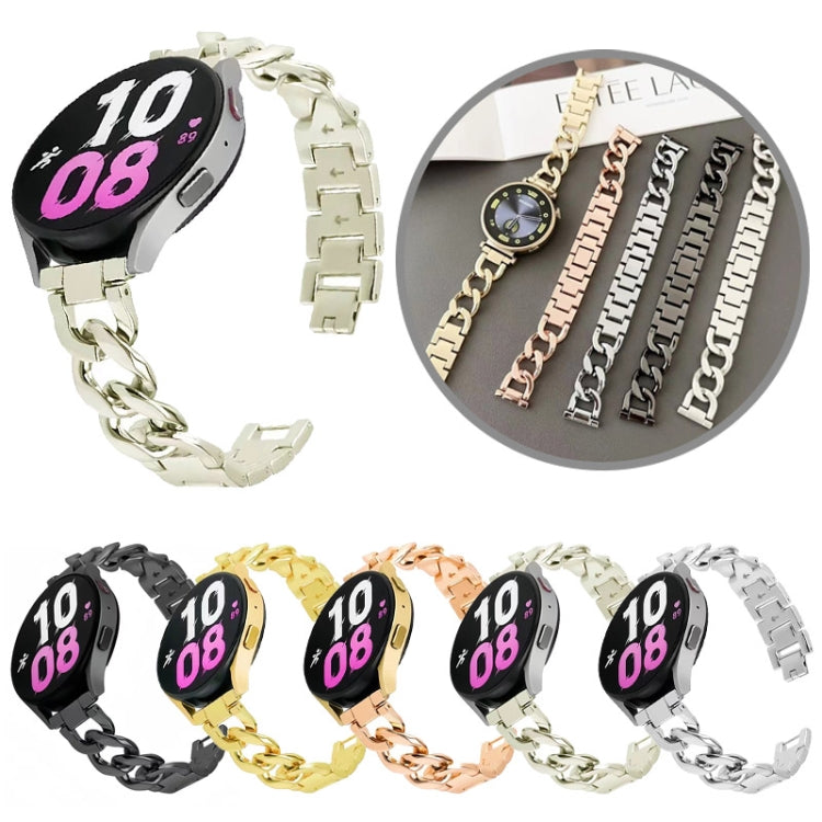 Metal chain watch band shown on a smartwatch in five colors: black, gold, rose gold, pale gold, and silver.