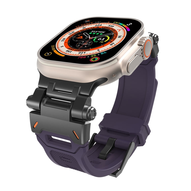 Purple TPU watch band with black stainless steel connectors, shown attached to a smartwatch