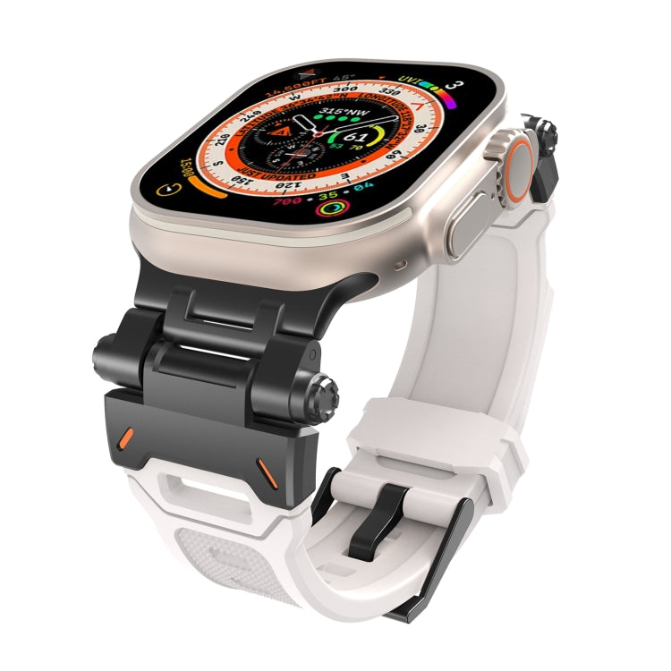 White TPU watch band with black stainless steel connectors, shown attached to a smartwatch