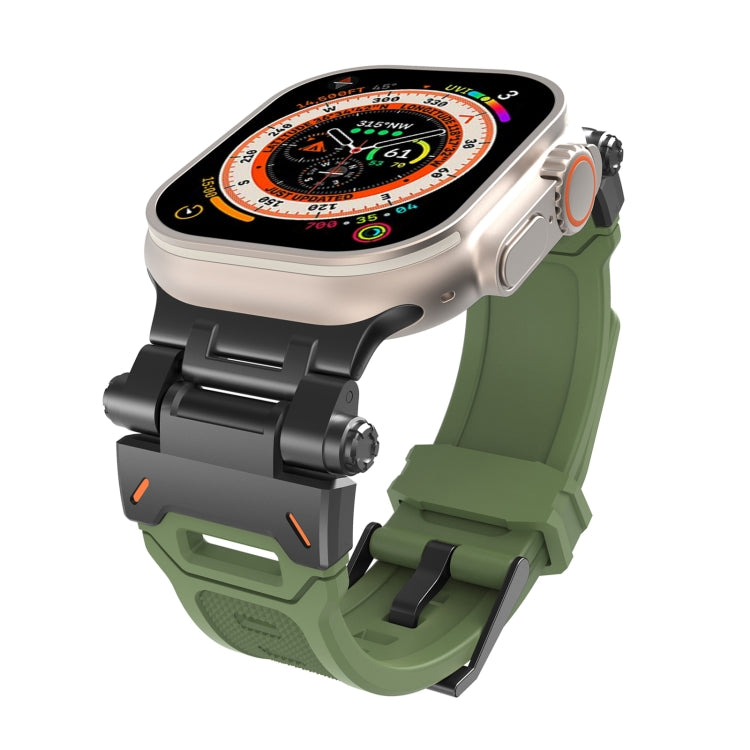 Green TPU watch band with black stainless steel connectors, shown attached to a smartwatch