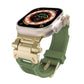 Green TPU watch band with gold stainless steel connectors, shown attached to a smartwatch