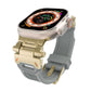 Gray TPU watch band with gold stainless steel connectors, shown attached to a smartwatch