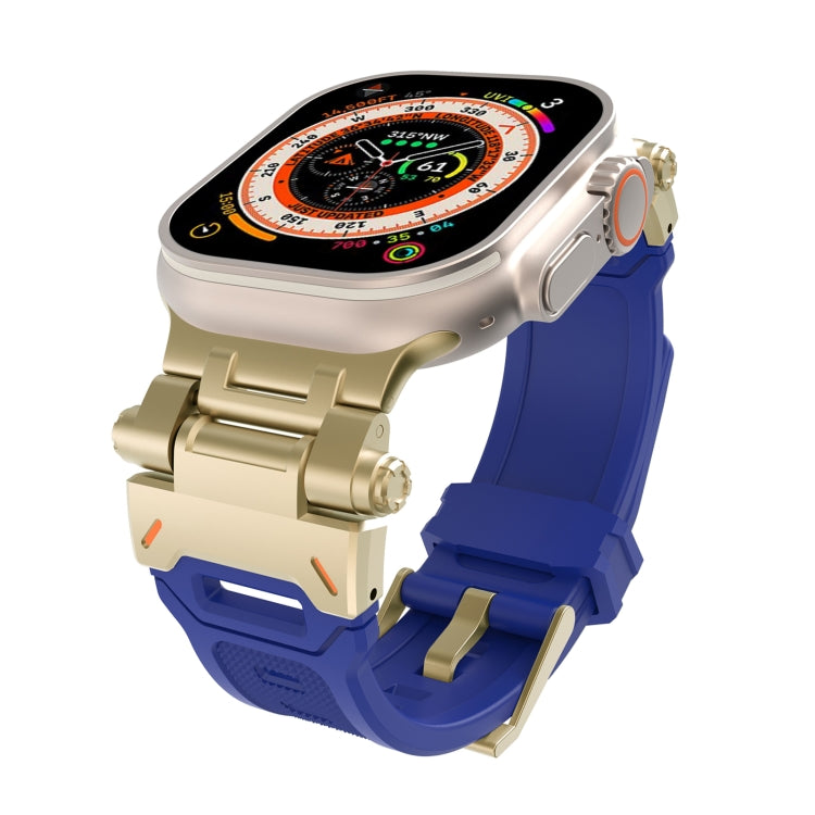 Blue TPU watch band with gold stainless steel connectors, shown attached to a smartwatch