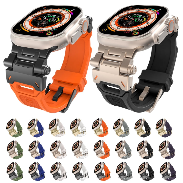 Apple Watch band color options shown with black, orange, white, green, blue, gray and purple straps