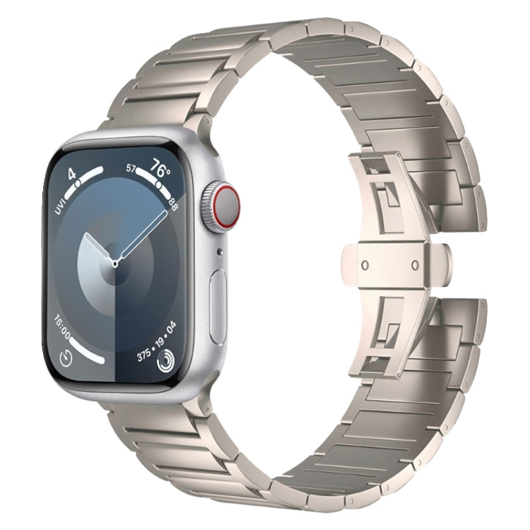 Titanium alloy watch band with silver links and a folding butterfly buckle, shown on a watch.