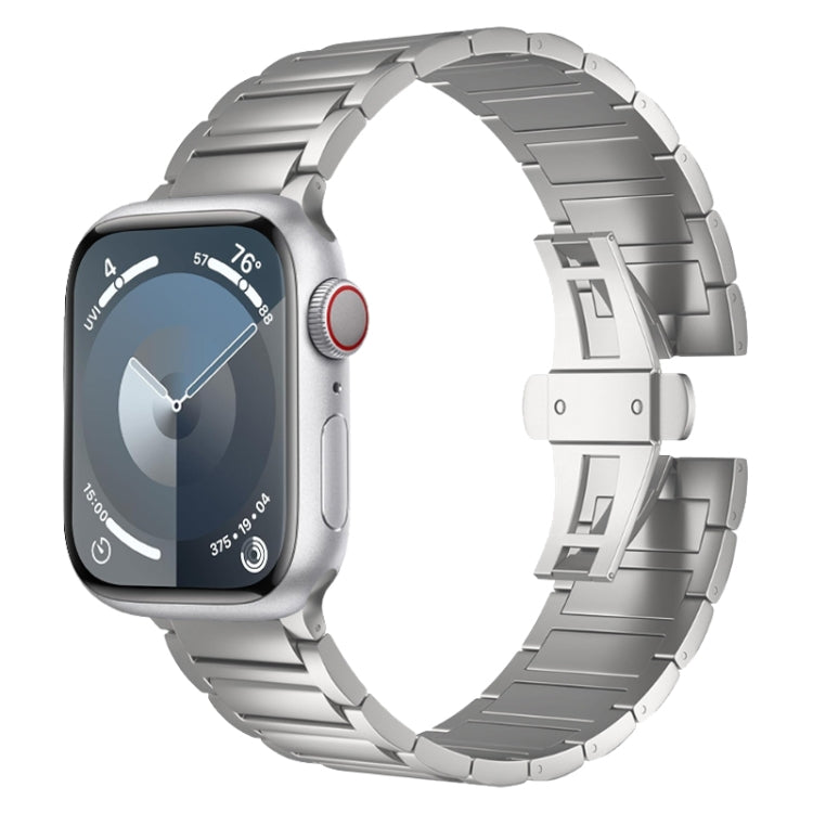 Titanium alloy watch band in silver, with segmented links and butterfly clasp