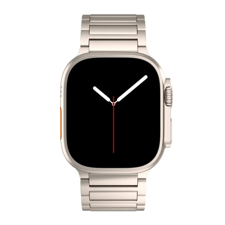 Light metallic linked watch band fitted to a smartwatch, front view