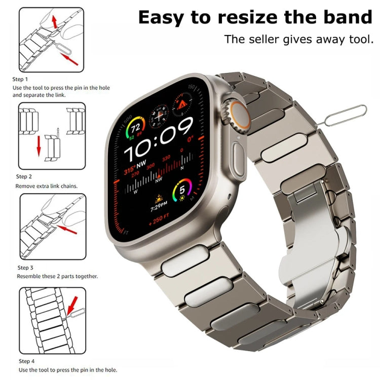 Gray titanium alloy watch band fitted to a smartwatch, with link adjustment instructions