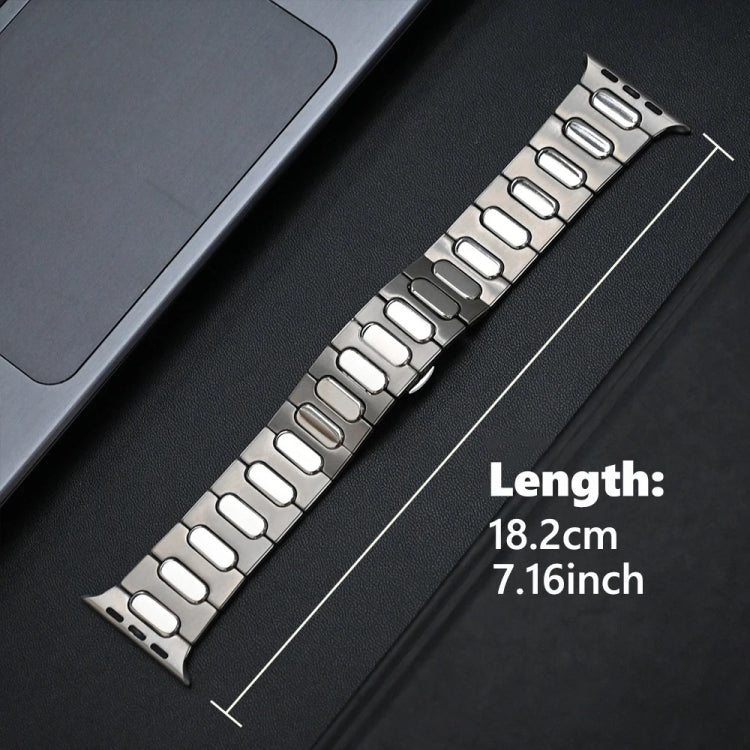 Silver metal watch band with oval links, shown with its 18.2 cm length