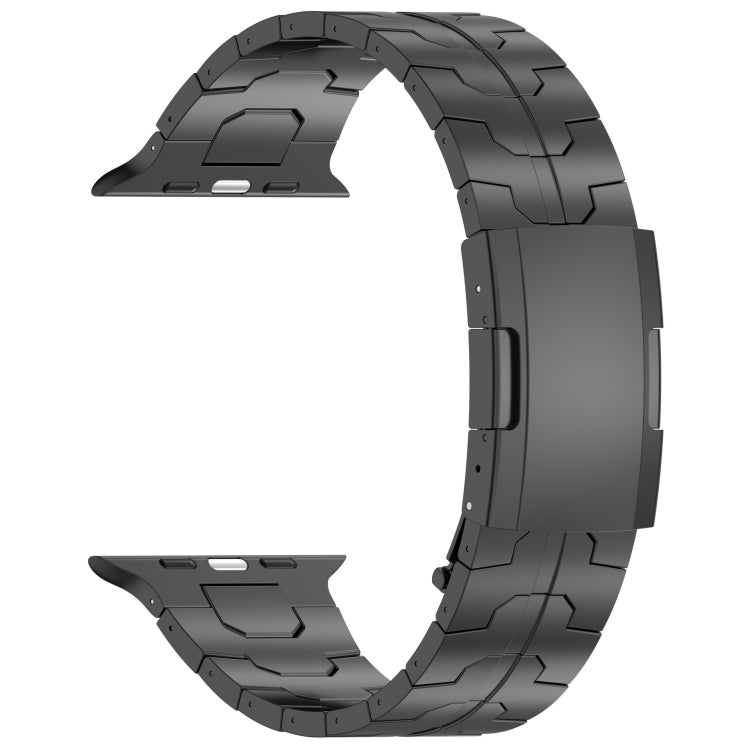 Black titanium alloy link watch band shown open, with a wide folding clasp.