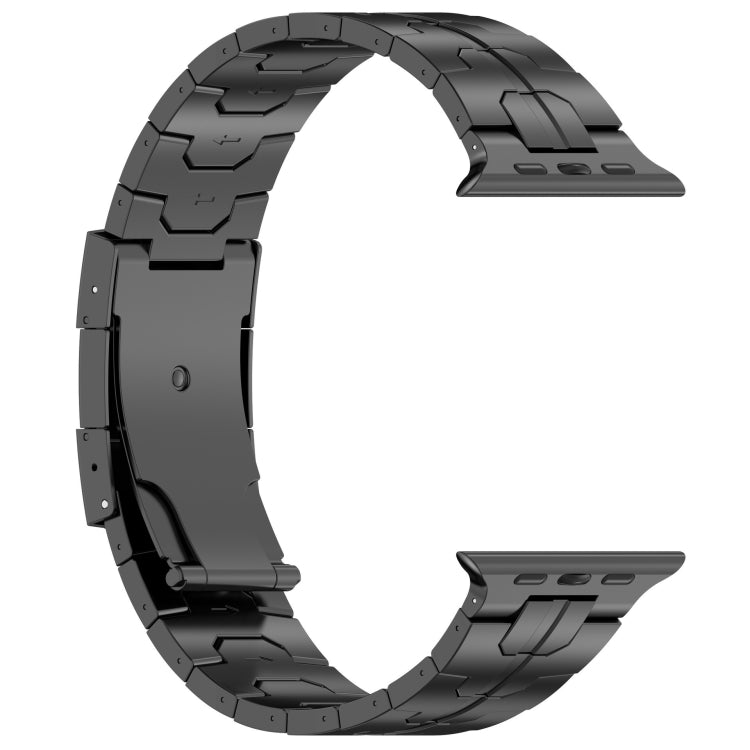 Open black titanium alloy link watch band with adjustable links and folding clasp.