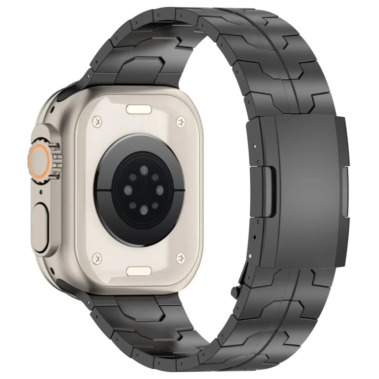 Black metal link watch band attached to the back of a light-colored smartwatch.