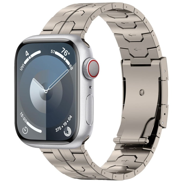 Titanium-tone link watch band with clasp, attached to a silver smartwatch.