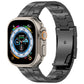 Black titanium alloy link band with clasp attached to a light-colored smartwatch.