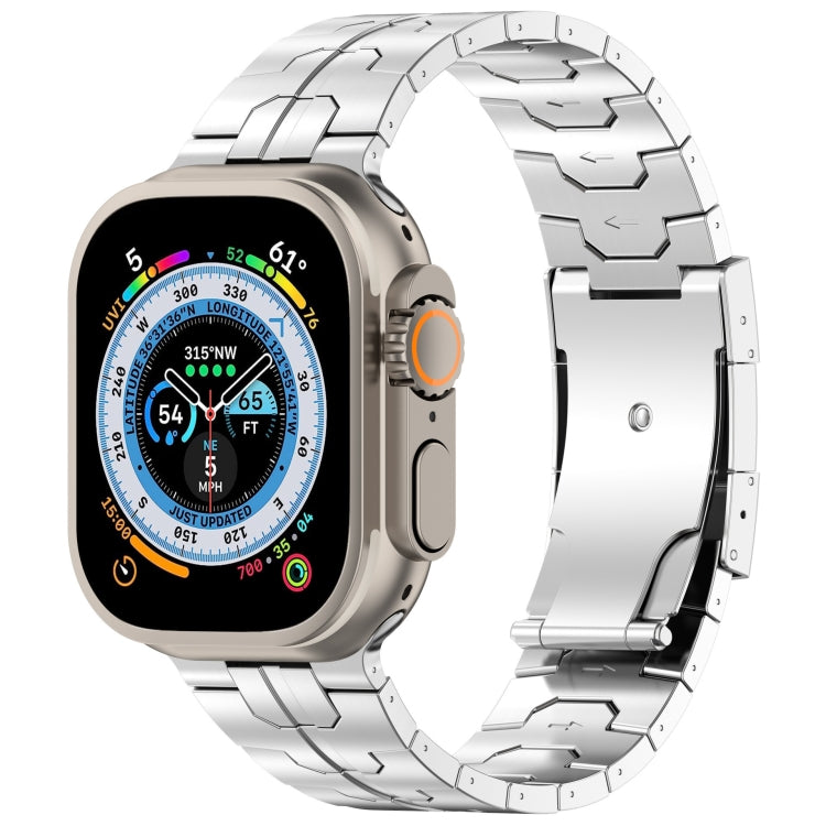 Silver titanium alloy Apple Watch band with turtle buckle and linked metal design