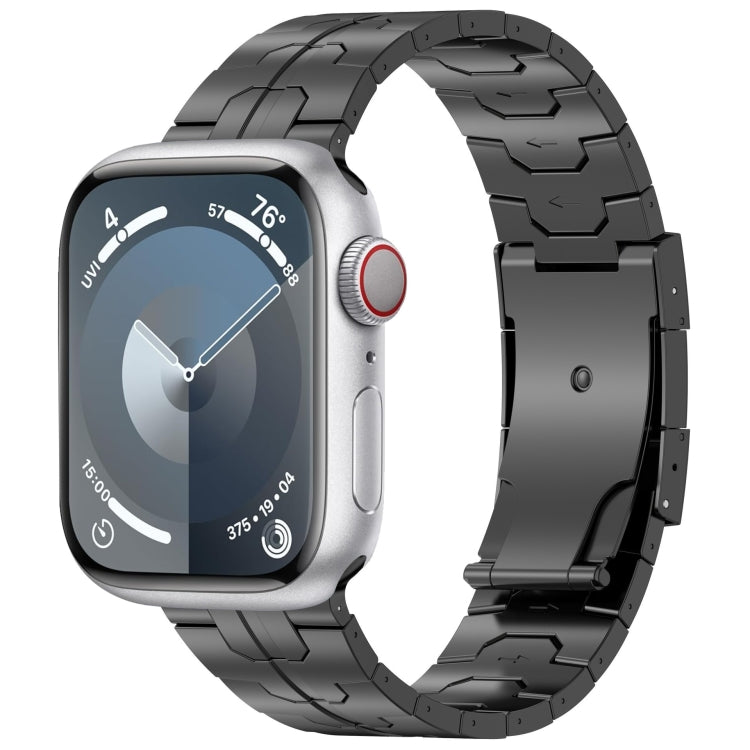 Black titanium alloy Apple Watch band with turtle buckle and linked metal design