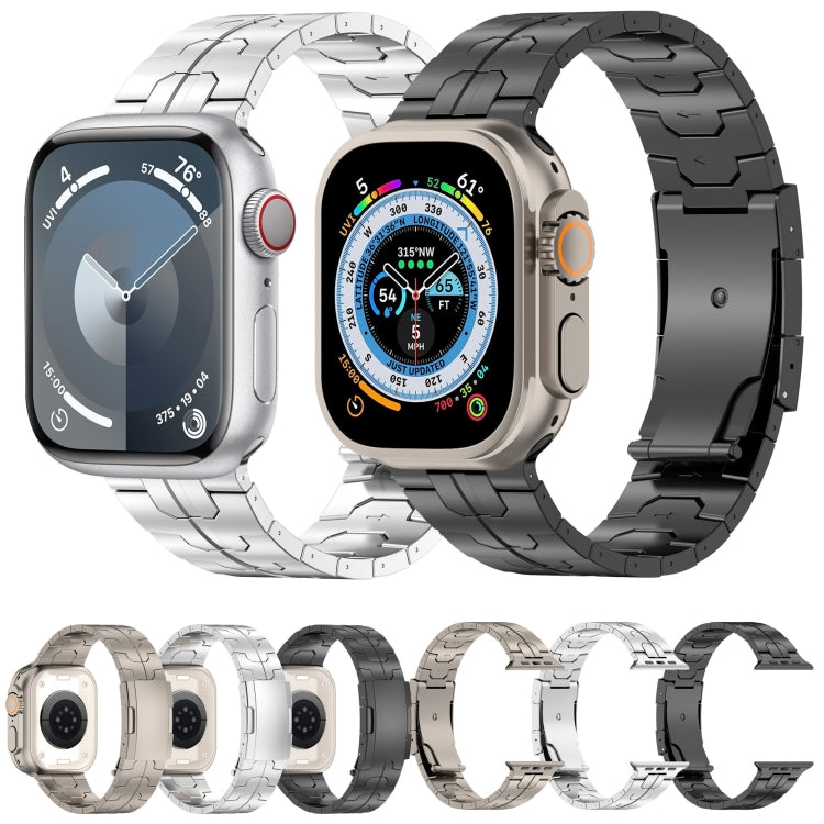 Titanium alloy watch bands in black, silver and warm gray shown with compatible smartwatches