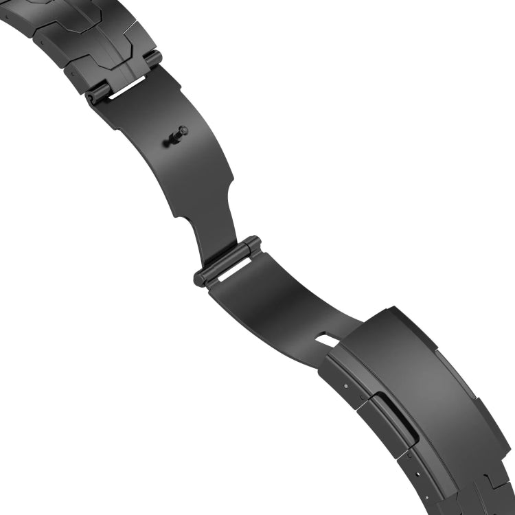 Black titanium alloy Apple Watch band with linked metal segments and folding clasp