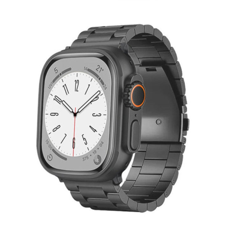 Black linked watch band with three-bead styling and flat clasp, shown on a smartwatch.