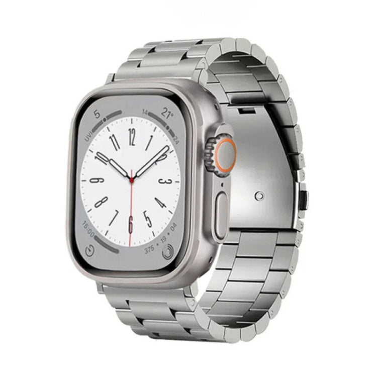 Silver titanium alloy watch band with flat three-bead links, shown on a smartwatch.