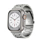 Silver metal watch band with flat links, fitted to an Apple Watch.