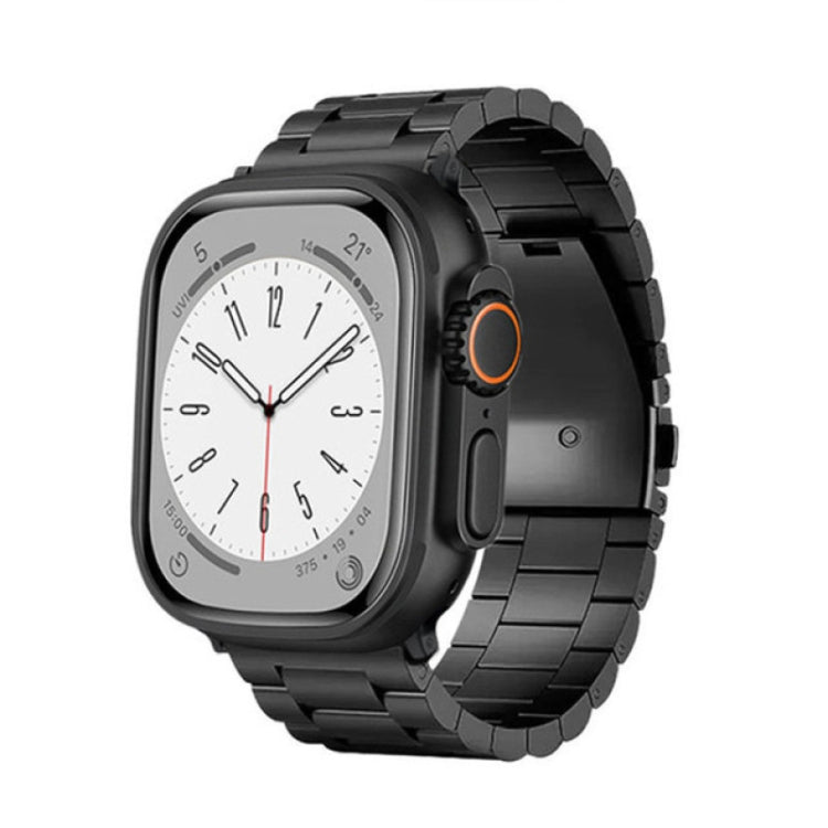 Black titanium alloy watch band with three-bead links, attached to a smartwatch