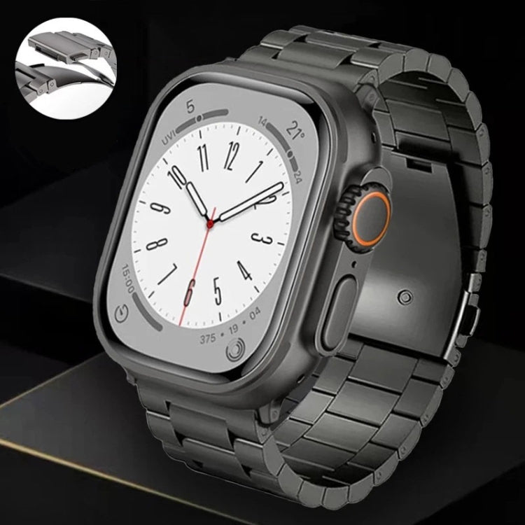 Dark gray titanium link watch band attached to a smartwatch, with clasp detail inset.