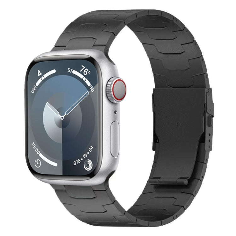 Black titanium alloy watch band with segmented links and safety clasp, fitted to a silver smartwatch