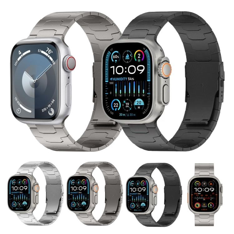 Titanium alloy Apple Watch bands in silver and black, shown on watches