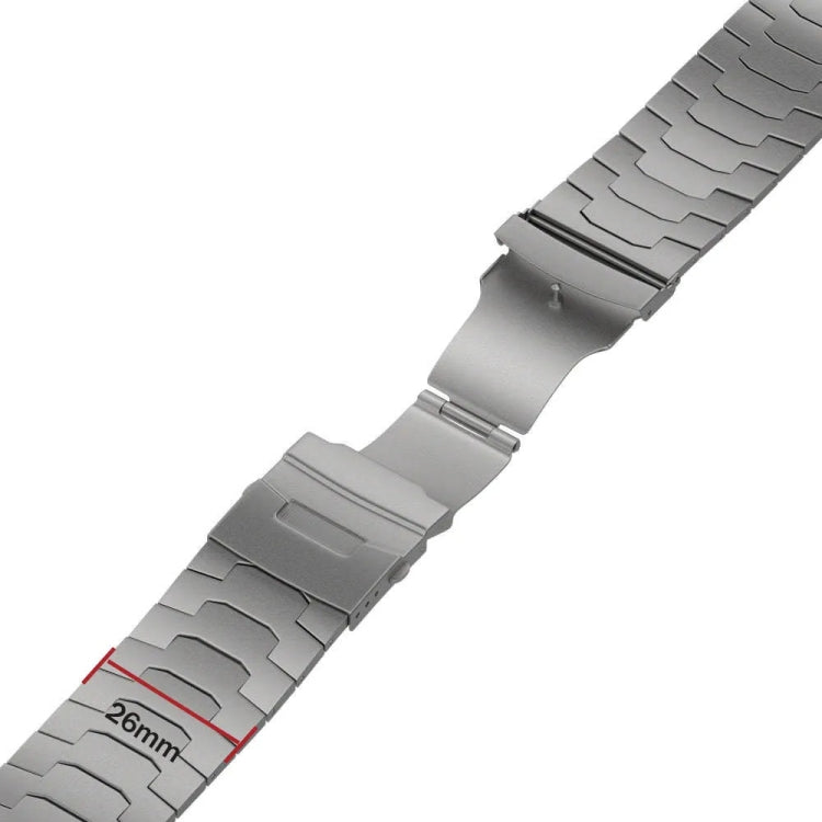 Silver titanium alloy Apple Watch band with a safety buckle and 26 mm width marking