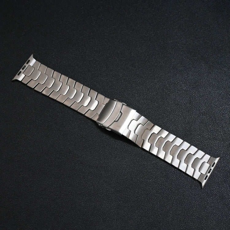 Silver titanium alloy Apple Watch band with linked bracelet and folding safety buckle