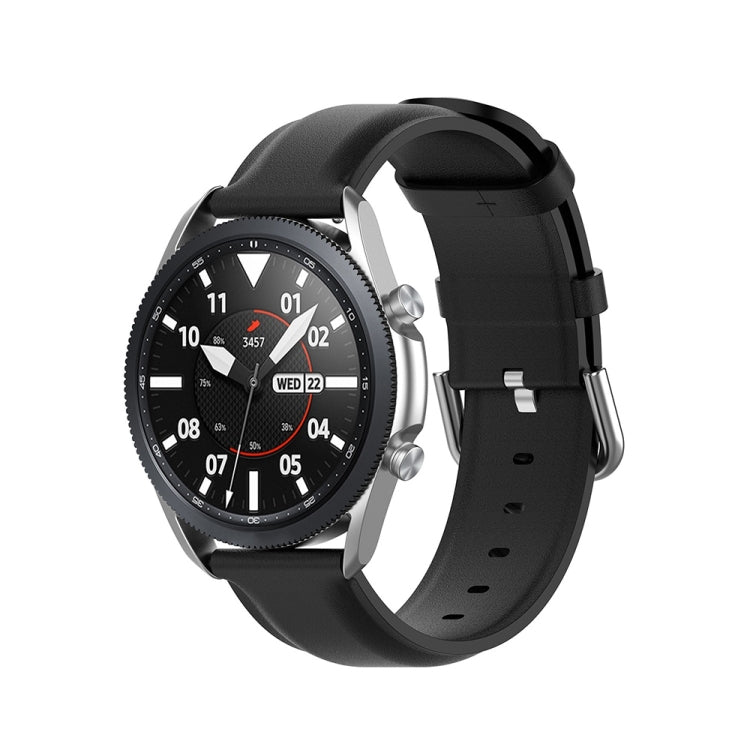 Black leather smartwatch strap with metal buckle and round tail, 20mm width