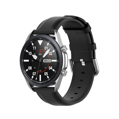 Black leather smartwatch strap with metal buckle and round tail, 20mm width