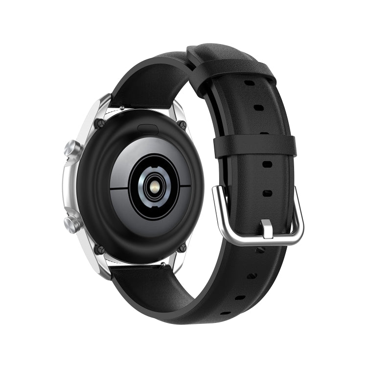 Black leather smartwatch strap, round tail design with stainless buckle hardware