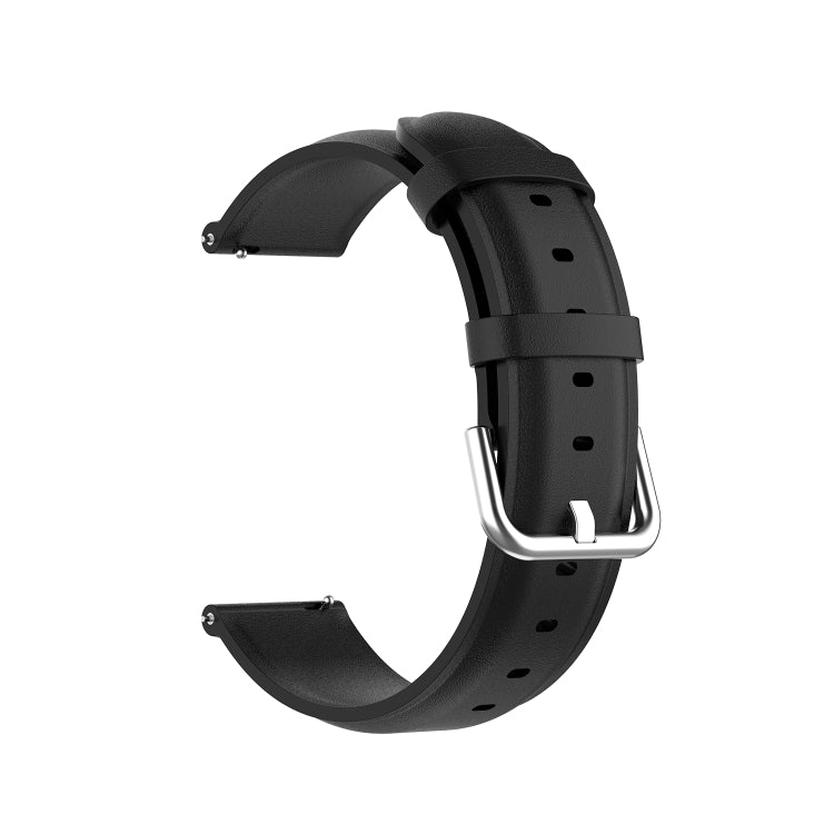 Black leather smartwatch strap with round tail and silver-tone metal buckle