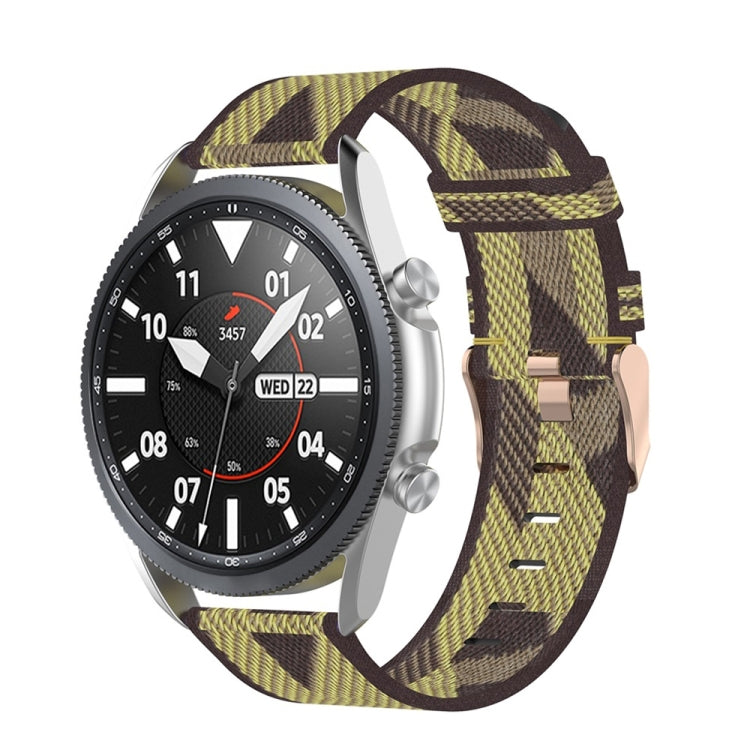 Woven nylon watch strap with camouflage pattern, olive green and brown with black