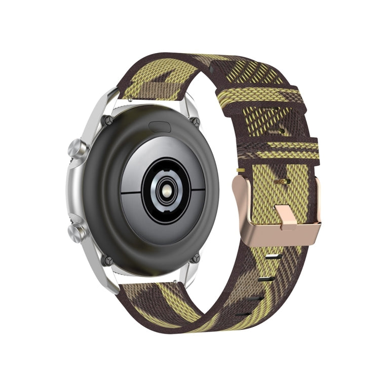 Woven nylon watch strap with plaid pattern, olive and brown on a dark base