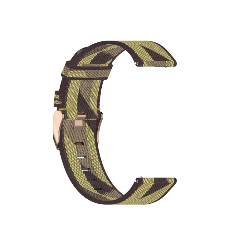 Woven nylon watch strap with dark brown and yellow check pattern, metal buckle